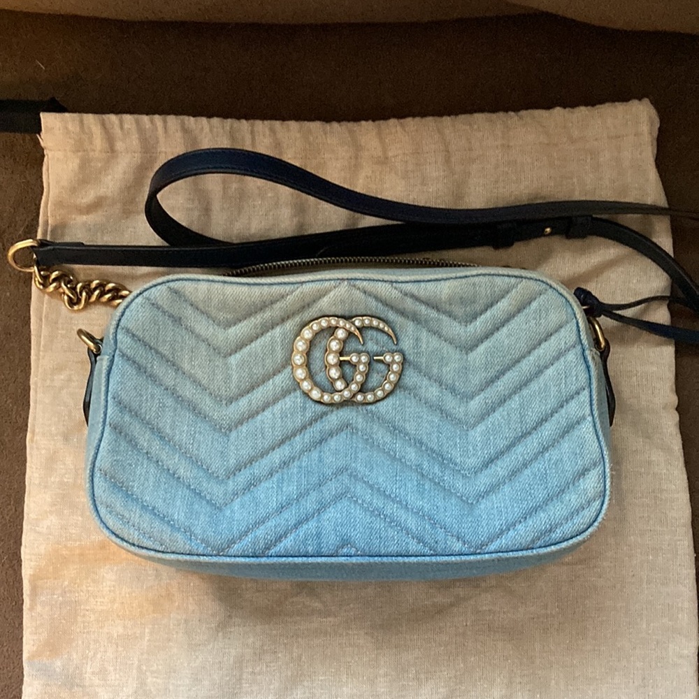 Gucci Denim Matelasse Marmont Small Pearly GG Crossbody